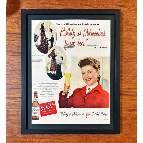 Framed 1949 Blatz Milwaukee's Finest Beer! Designer La Verne Sunde Print Ad - Picture 1 of 2